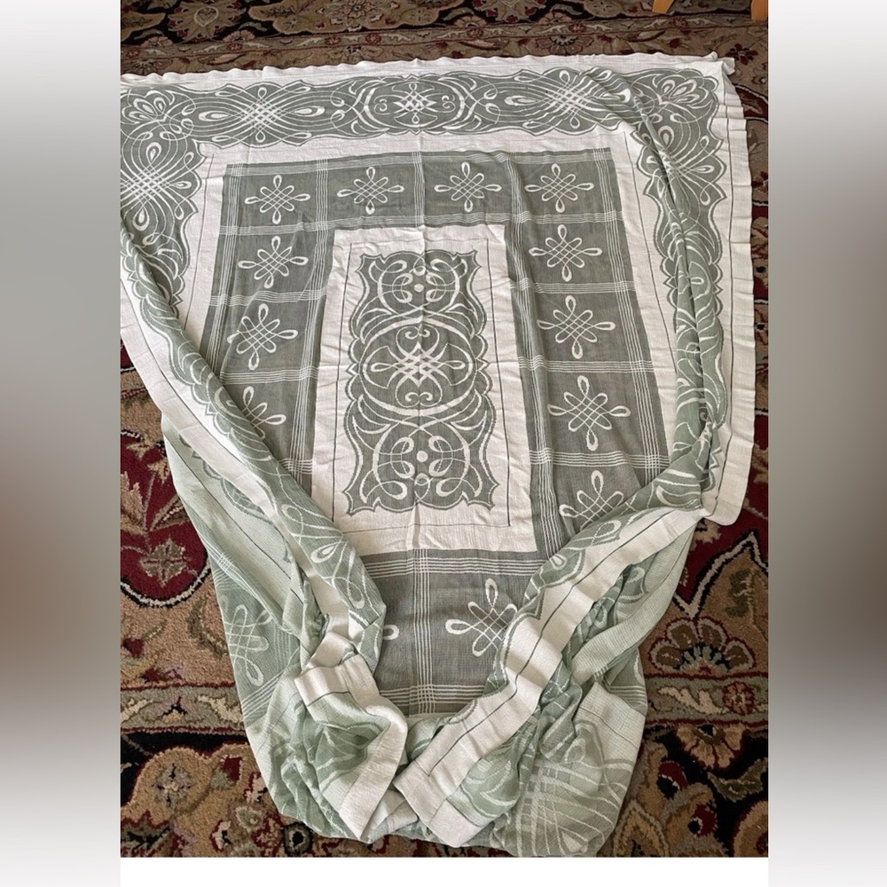 ANTIQUE FILET CROCHET TABLE green white 50x80” GRANDMAS TABLE DRESS